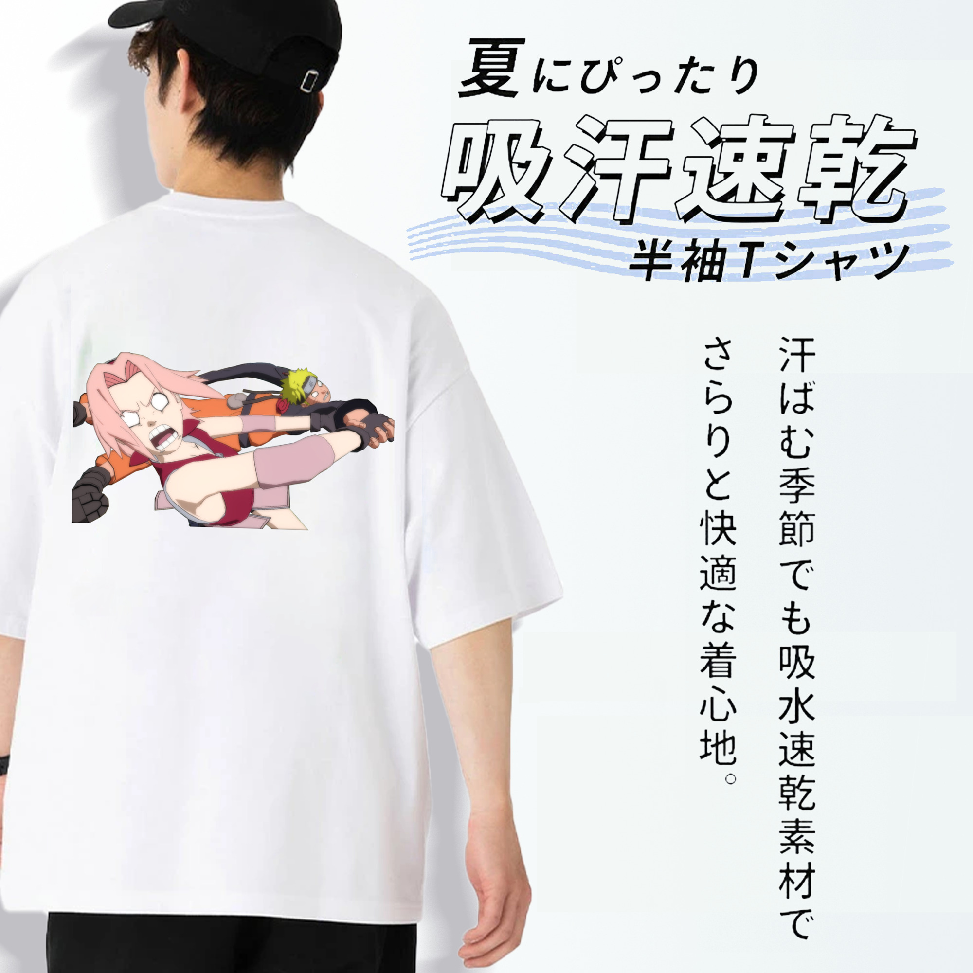 NARUTO -ナルト- 春野サクラ Haruno Sakura 綿100％ メンズ半袖Tシャツ（バックプリント） 通気性