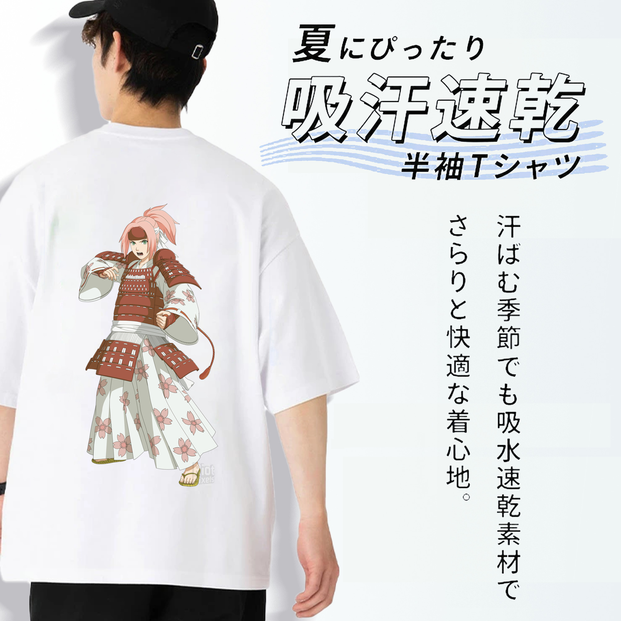NARUTO -ナルト- 春野サクラ Haruno Sakura 綿100％ メンズ半袖Tシャツ（バックプリント） 通気性